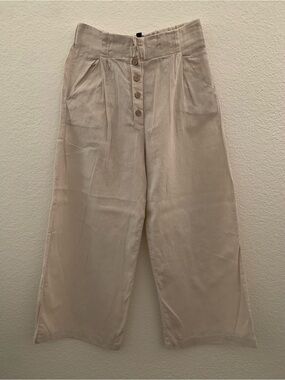 Linen Wide Leg Trousers High Waisted Button Front Pleated Crop Pants